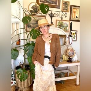 New! Wisteria Lane Crochet Textured Gold Button Button Up Long Sleeve Cardigan